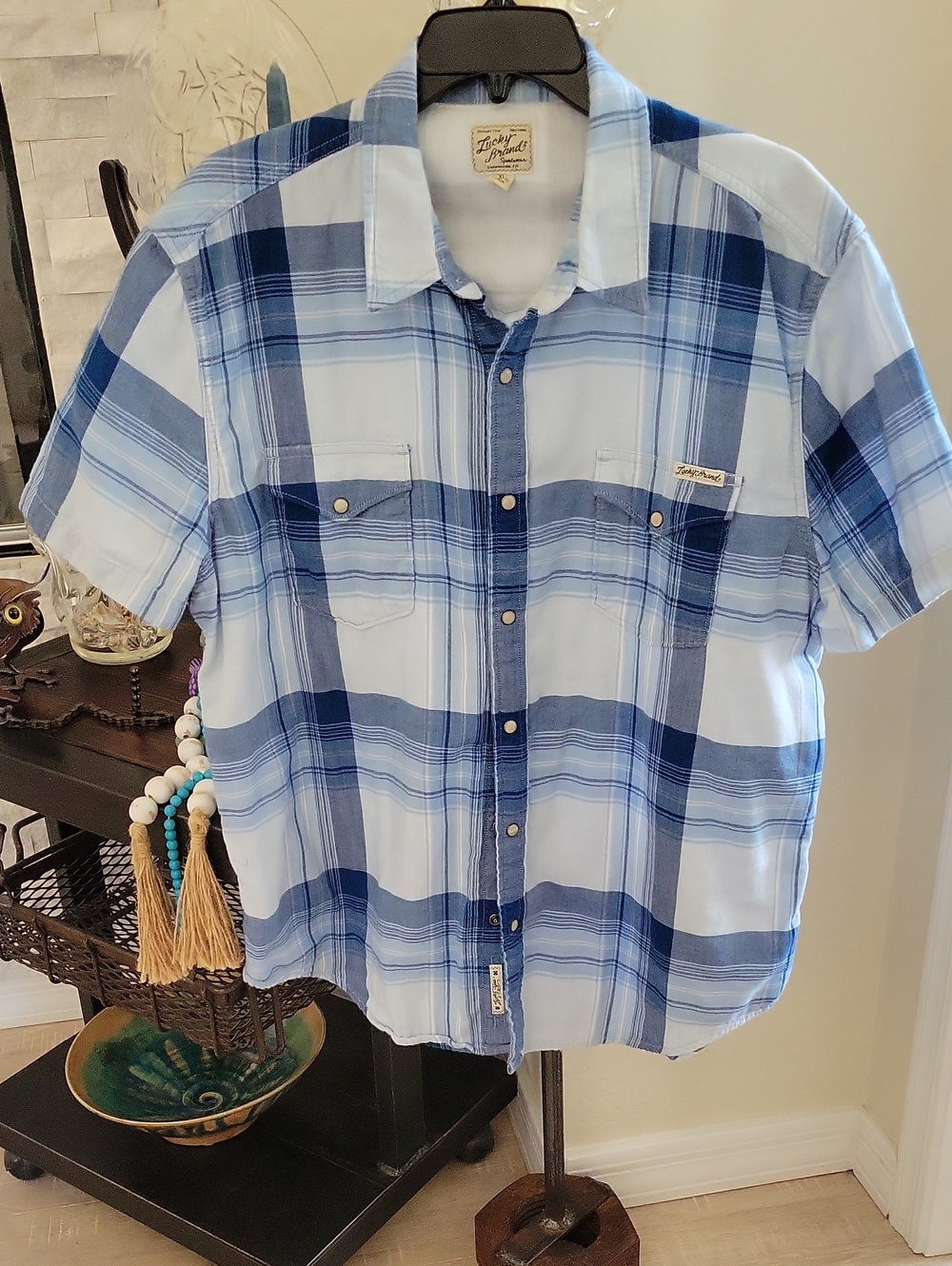 Lucky Brand Light and Navy Blue Plaid Short-Sleeve Snap-Down Shirt